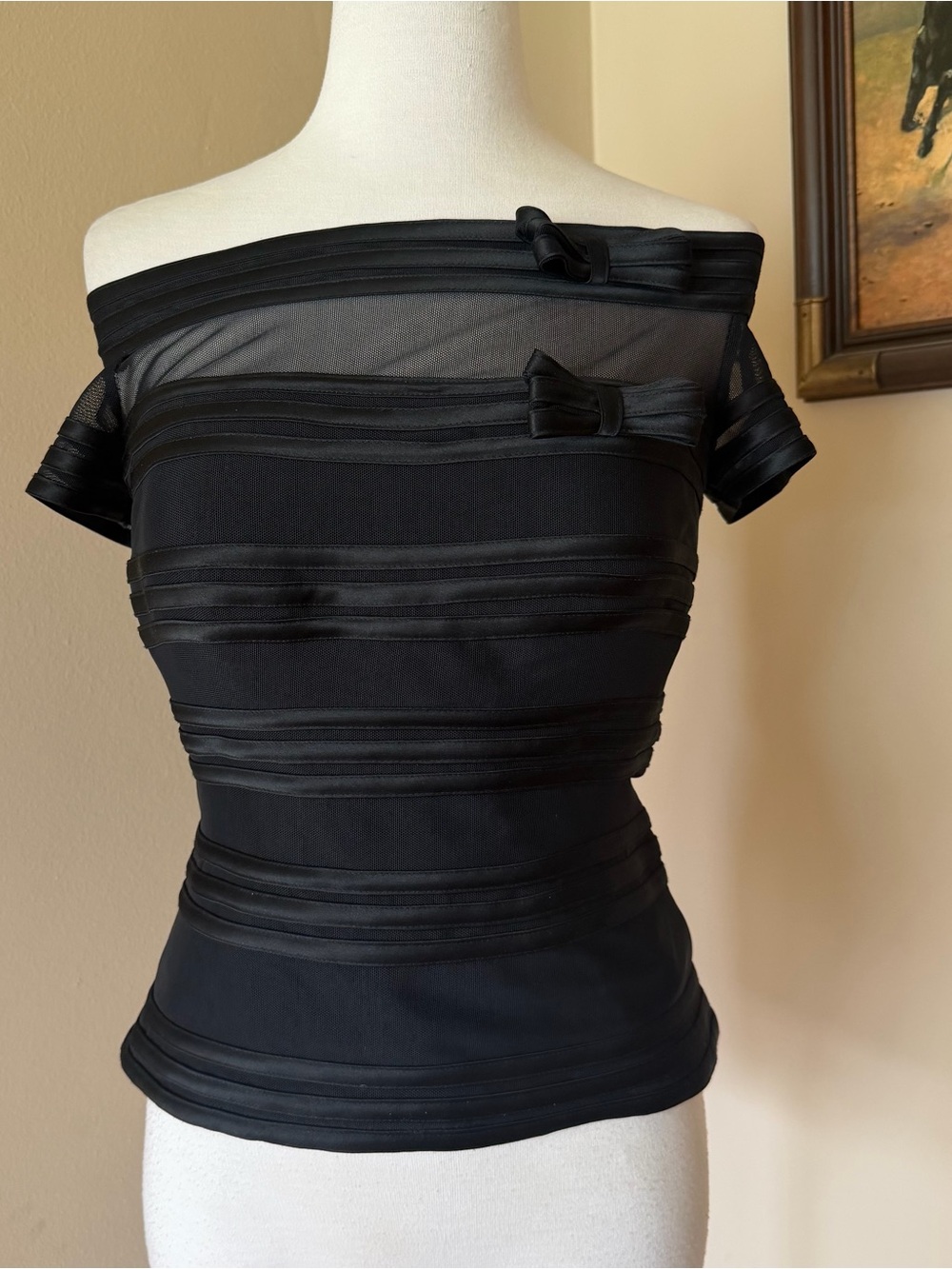 Signature Black Off-Shoulder Sheer Band Top with Bow Detail